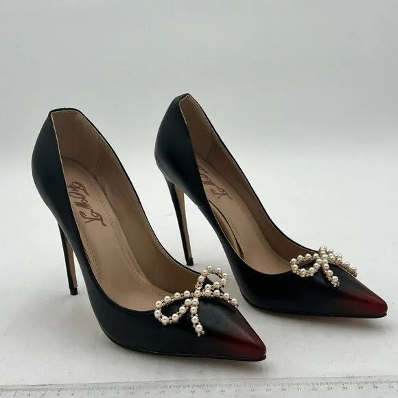 FOWT Black Pearl Bow Gradient Cap Toe Stiletto Pointed Toe Wedding Pumps