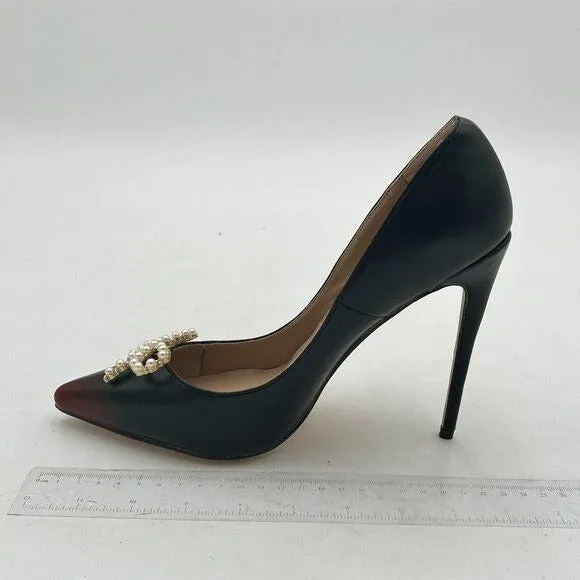 FOWT Black Pearl Bow Gradient Cap Toe Stiletto Pointed Toe Wedding Pumps