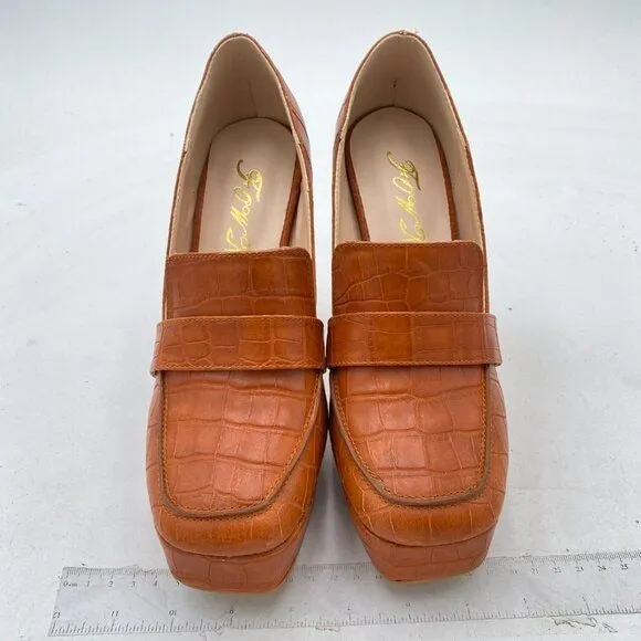FOWT Brown Crocodile-textured Chunky Heel Platform Square Toe High Heel Loafer