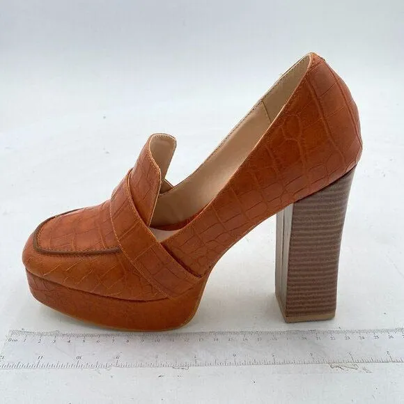 FOWT Brown Crocodile-textured Chunky Heel Platform Square Toe High Heel Loafer