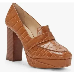FOWT Brown Crocodile-textured Chunky Heel Platform Square Toe High Heel Loafer