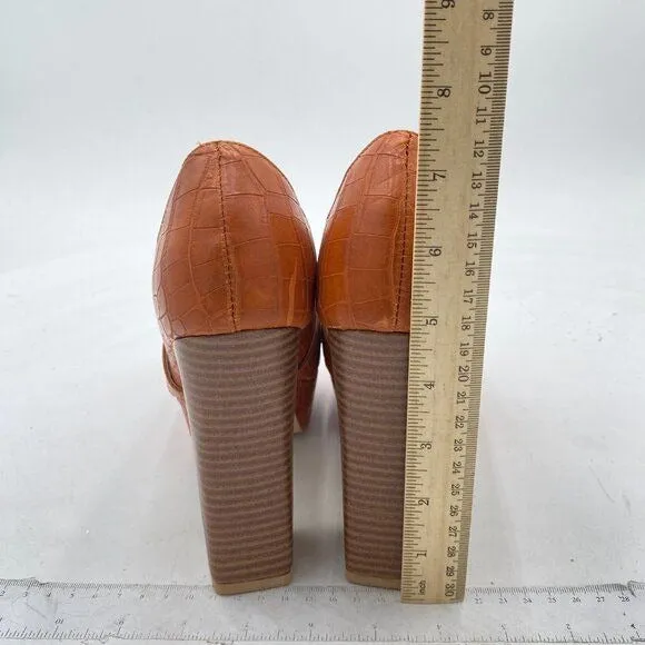 FOWT Brown Crocodile-textured Chunky Heel Platform Square Toe High Heel Loafer