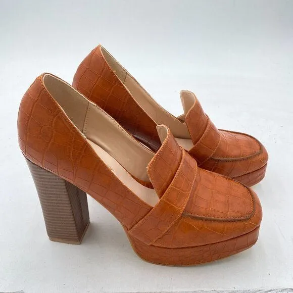 FOWT Brown Crocodile-textured Chunky Heel Platform Square Toe High Heel Loafer