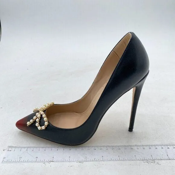 FOWT Women Pearl Bow Pumps Gradient Cap Toe Stiletto Pumps Classic Pumps
