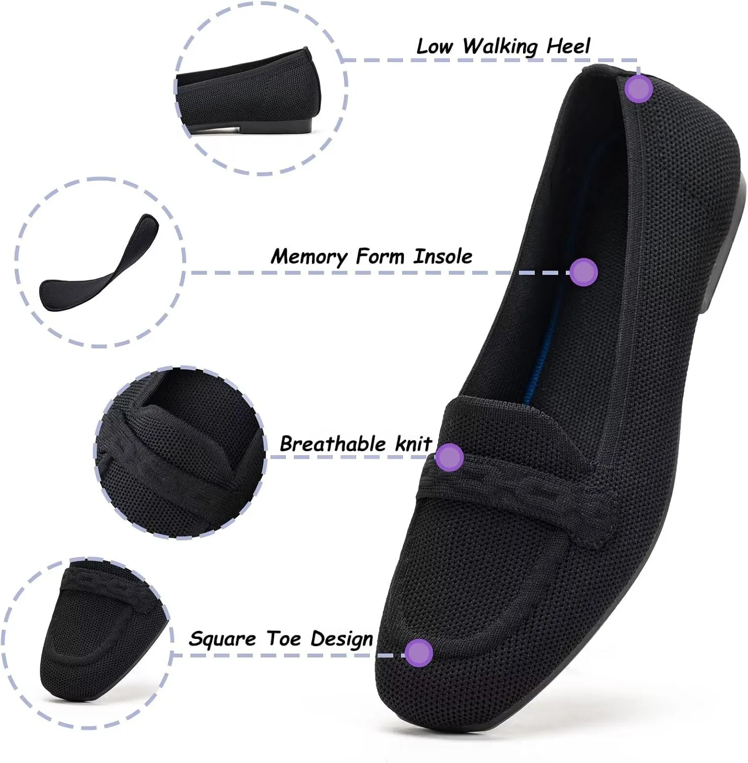 Frank Mully Women's Loafer Flats Square Toe Comfortable Office Work Shoes, Cute Penny Loafer Slip On Walking Driving Shoes