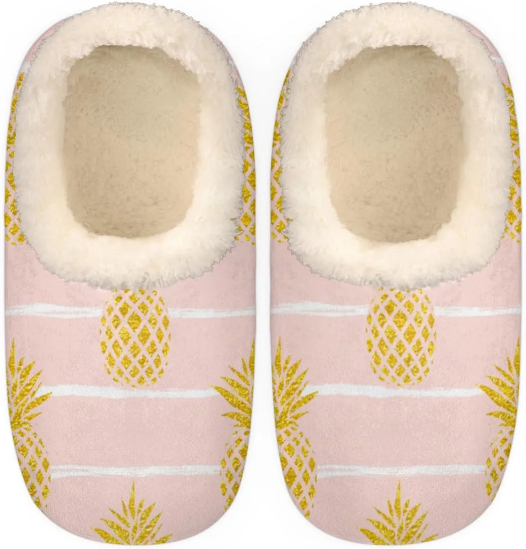Fruit Stripe Women's Slippers, Pineapple Pink Soft Cozy Plush Lined House Slipper Shoes Indoor Non-Slip Slippers for Women Girls Boys Teenager