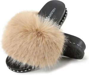 Fur Slippers Furry Fuzzy Slides Platform Sandals Open Toe Fluffy Slides Feather Sandals Fur Slip On Shoes for Women