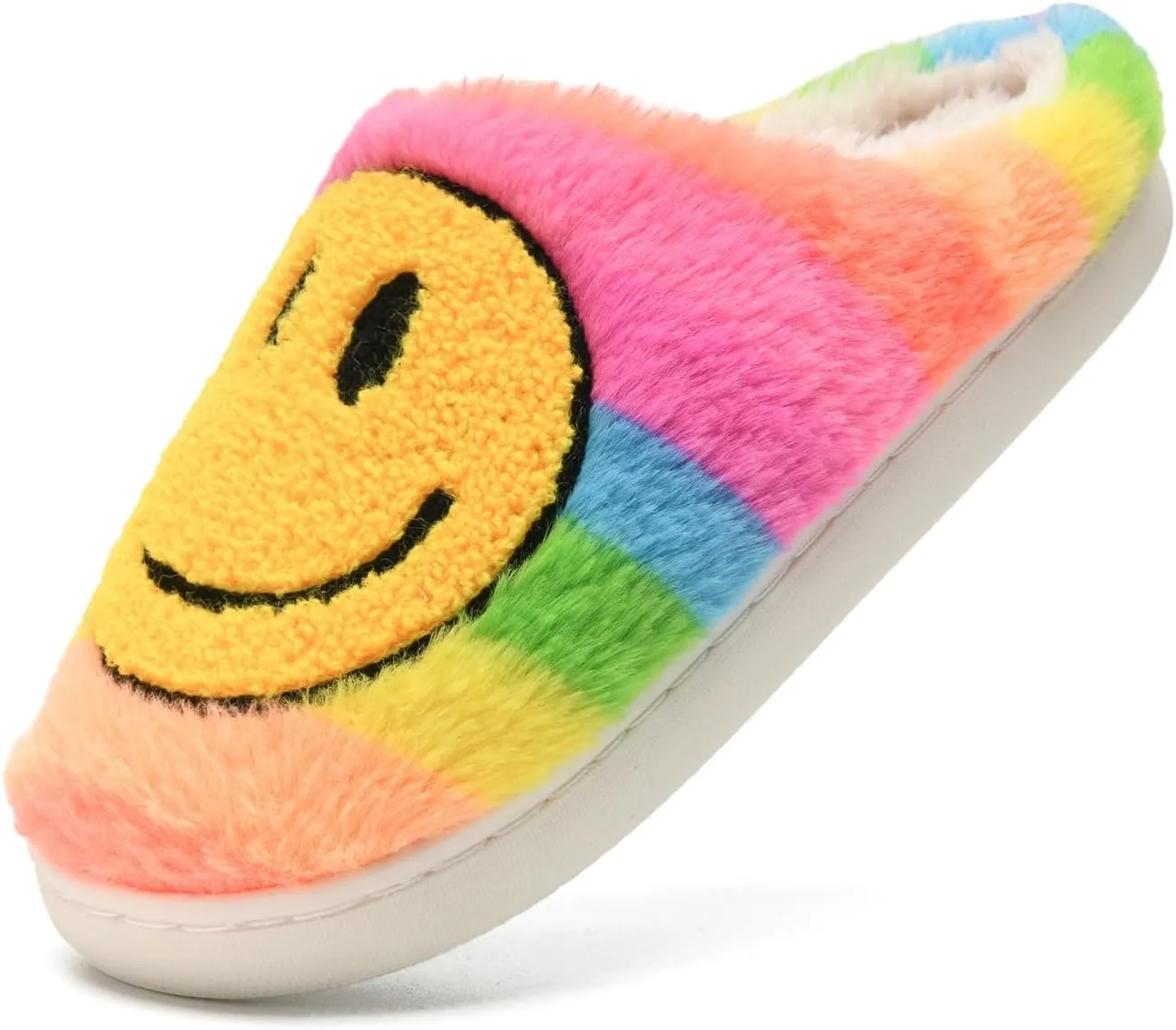 FUUPNN Smile Face Slippers for Girls & Boys, Retro Cute Soft Plush Indoor/Outdoor Shoes, Fuzzy House Lightweight Slippers with Memory Foam Warmth, Non-Slip, White, Unisex-Kids, Children