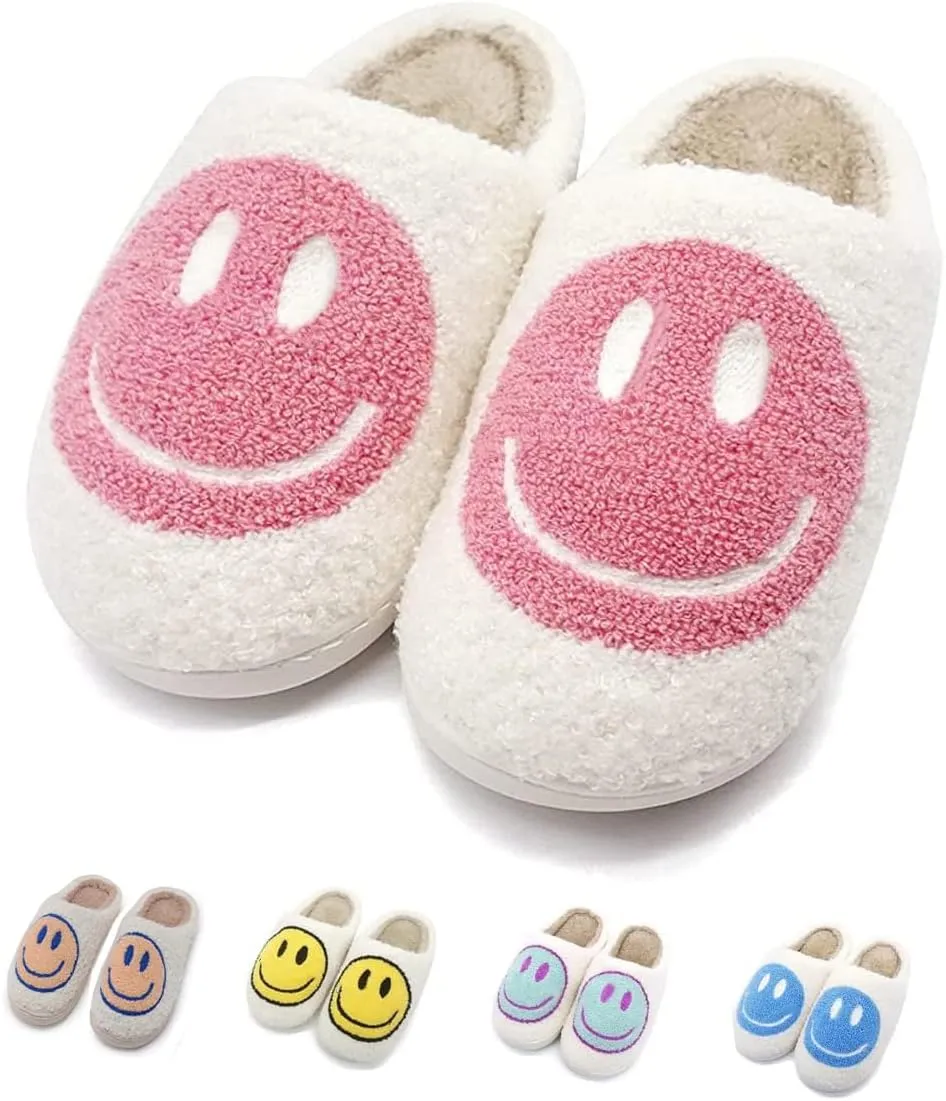 FUUPNN Smile Face Slippers for Girls & Boys, Retro Cute Soft Plush Indoor/Outdoor Shoes, Fuzzy House Lightweight Slippers with Memory Foam Warmth, Non-Slip, White, Unisex-Kids, Children