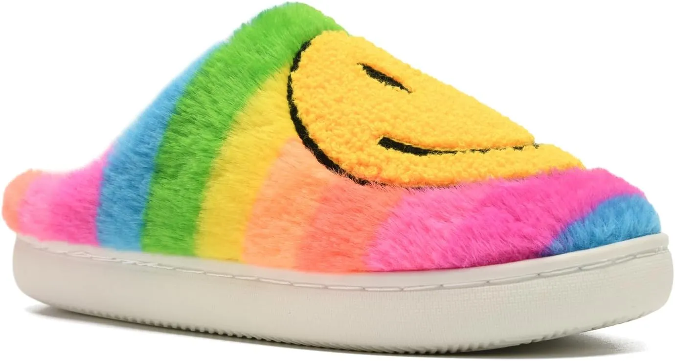 FUUPNN Smile Face Slippers for Girls & Boys, Retro Cute Soft Plush Indoor/Outdoor Shoes, Fuzzy House Lightweight Slippers with Memory Foam Warmth, Non-Slip, White, Unisex-Kids, Children