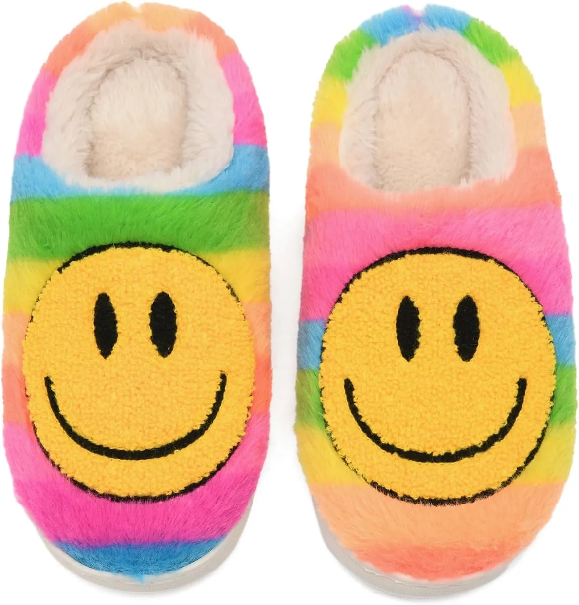 FUUPNN Smile Face Slippers for Girls & Boys, Retro Cute Soft Plush Indoor/Outdoor Shoes, Fuzzy House Lightweight Slippers with Memory Foam Warmth, Non-Slip, White, Unisex-Kids, Children