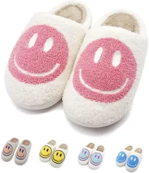FUUPNN Smile Face Slippers for Girls & Boys, Retro Cute Soft Plush Indoor/Outdoor Shoes, Fuzzy House Lightweight Slippers with Memory Foam Warmth, Non-Slip, White, Unisex-Kids, Children