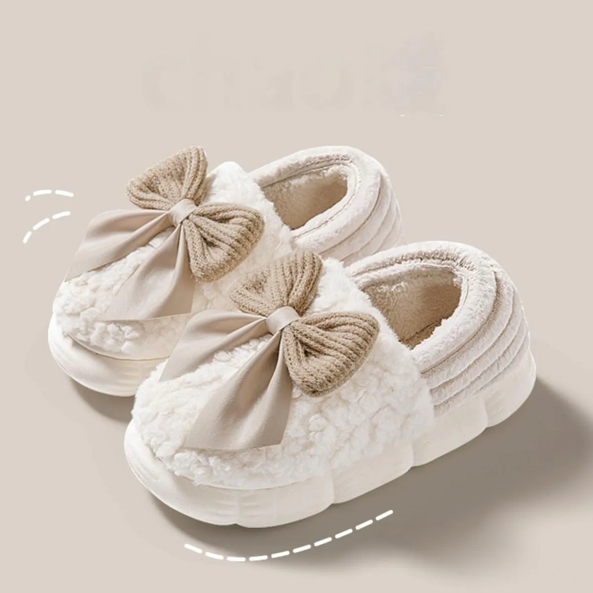 Fuzzy Bow Tie Slippers for Women Closed Back Fluffy House Shoes Winter Indoor Outdoor Slippers