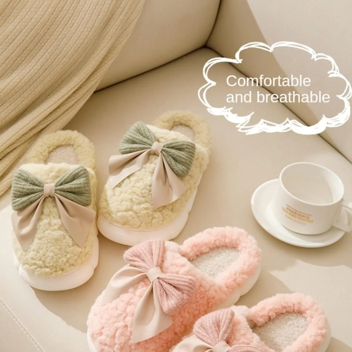 Fuzzy Bow Tie Slippers for Women Closed Back Fluffy House Shoes Winter Indoor Outdoor Slippers