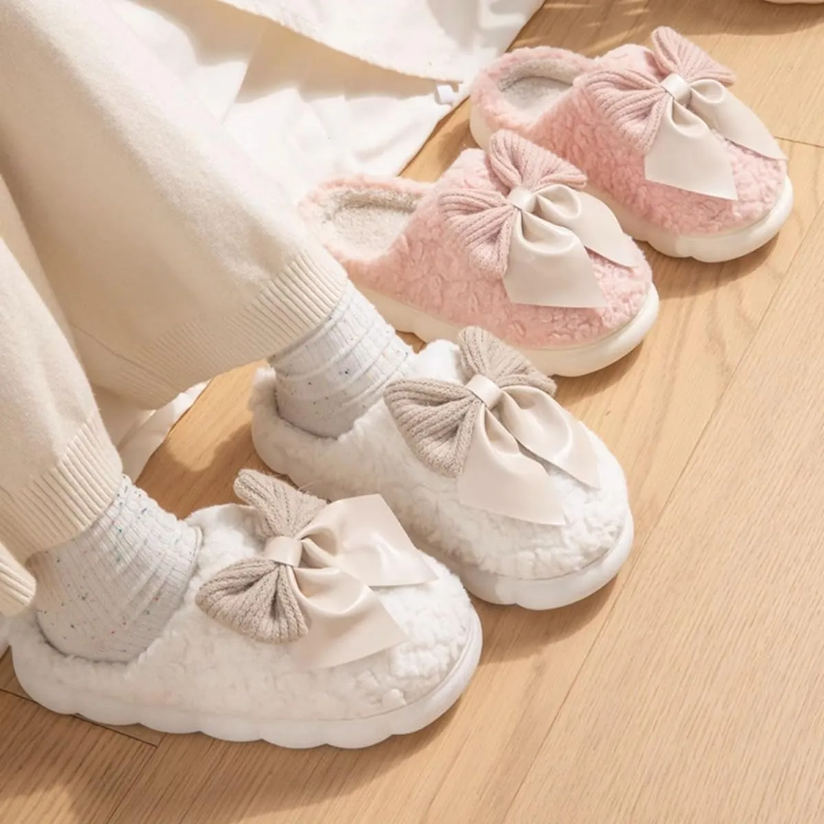 Fuzzy Bow Tie Slippers for Women Closed Back Fluffy House Shoes Winter Indoor Outdoor Slippers
