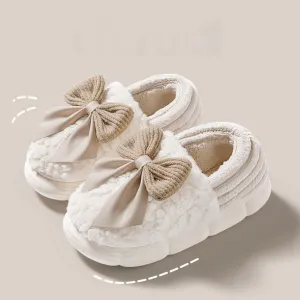 Fuzzy Bow Tie Slippers for Women Closed Back Fluffy House Shoes Winter Indoor Outdoor Slippers