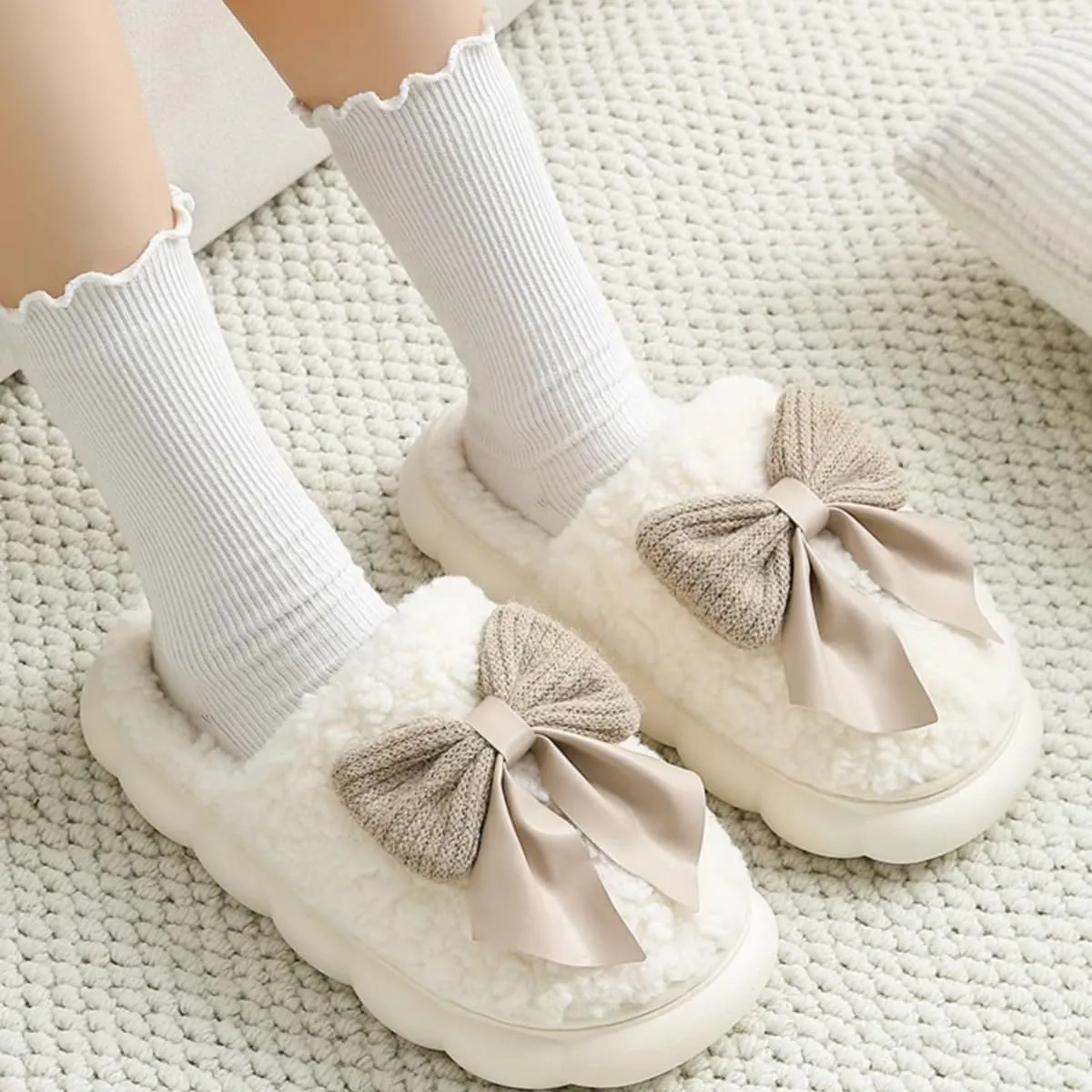 Fuzzy Bow Tie Slippers for Women Closed Back Fluffy House Shoes Winter Indoor Outdoor Slippers