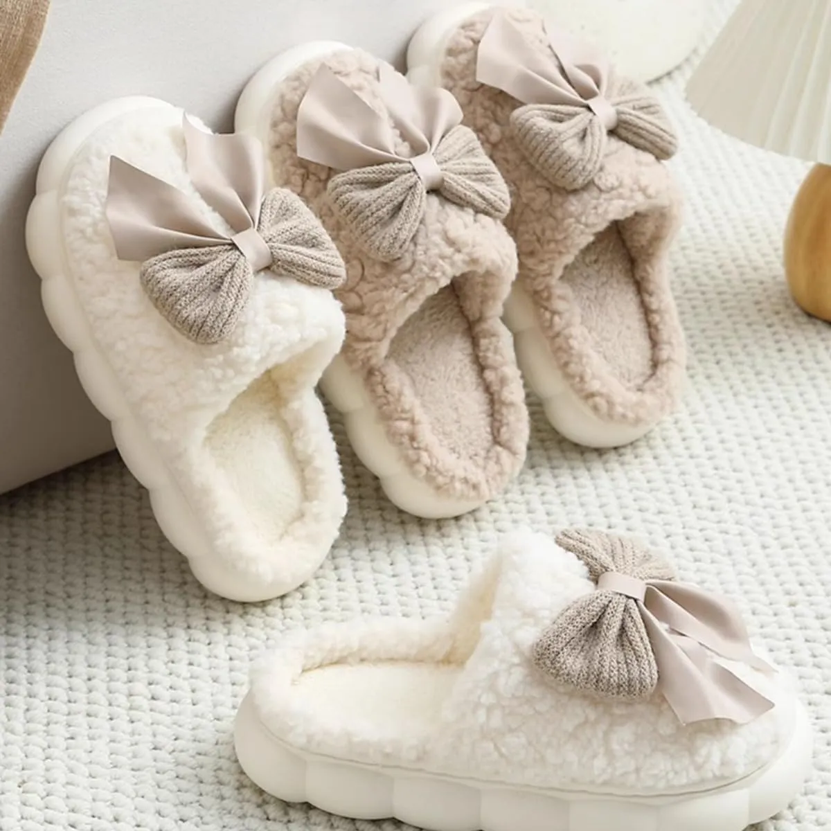 Fuzzy Bow Tie Slippers for Women Closed Back Fluffy House Shoes Winter Indoor Outdoor Slippers