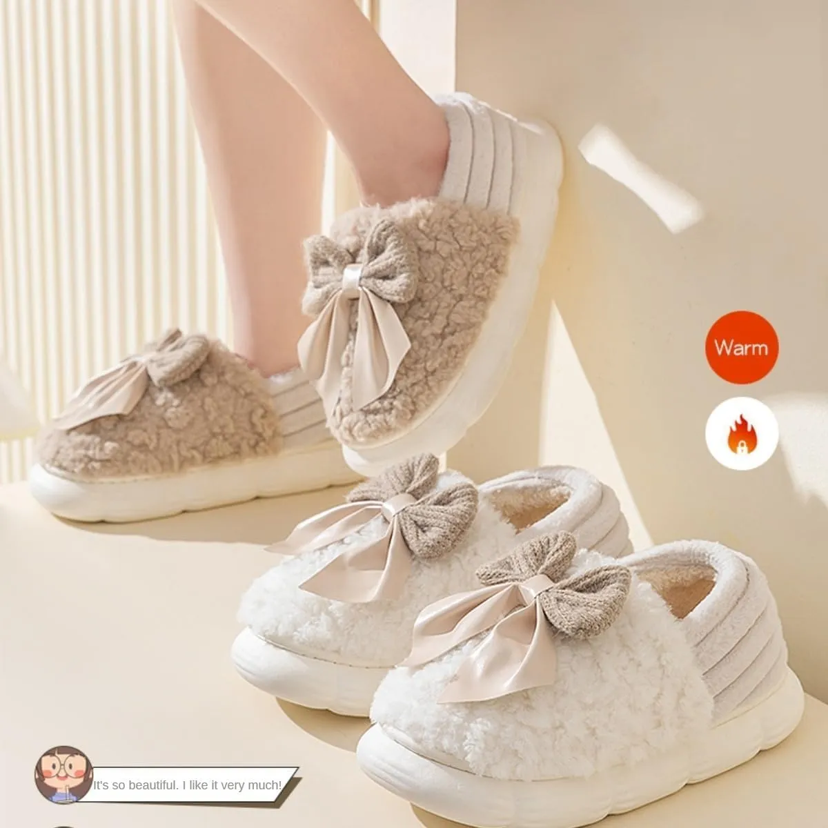 Fuzzy Bow Tie Slippers for Women Closed Back Fluffy House Shoes Winter Indoor Outdoor Slippers