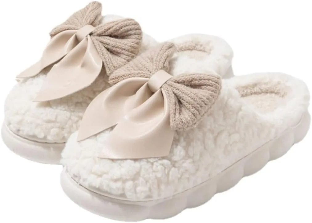 Fuzzy Bow Tie Slippers for Women Closed Back Fluffy House Shoes Winter Indoor Outdoor Slippers