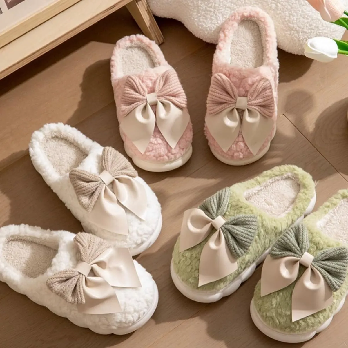 Fuzzy Bow Tie Slippers for Women Closed Back Fluffy House Shoes Winter Indoor Outdoor Slippers