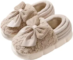 Fuzzy Bow Tie Slippers for Women Closed Back Fluffy House Shoes Winter Indoor Outdoor Slippers