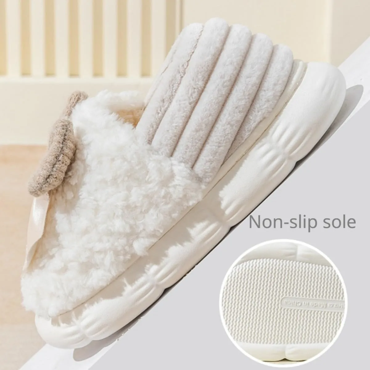 Fuzzy Bow Tie Slippers for Women Closed Back Fluffy House Shoes Winter Indoor Outdoor Slippers