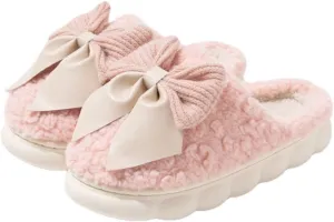 Fuzzy Bow Tie Slippers for Women Closed Back Fluffy House Shoes Winter Indoor Outdoor Slippers