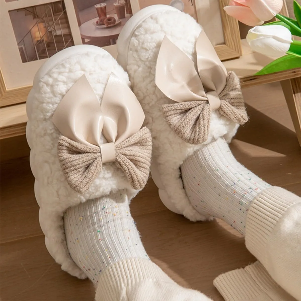 Fuzzy Bow Tie Slippers for Women Closed Back Fluffy House Shoes Winter Indoor Outdoor Slippers