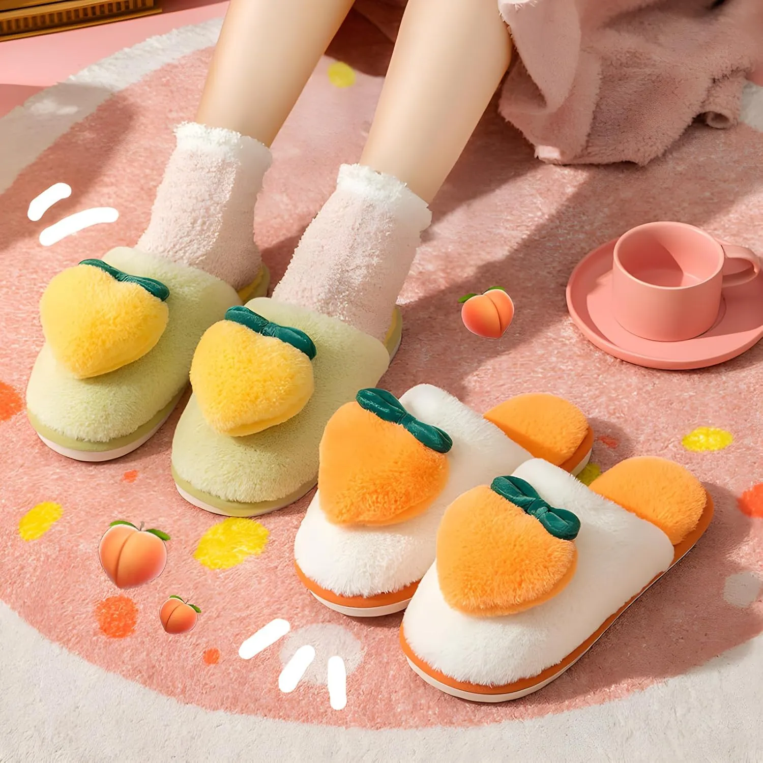Fuzzy Slipper Winter Fluffy Slippers Peach Cute Slippers For Women Comfortable Warm House Shoes Slippers