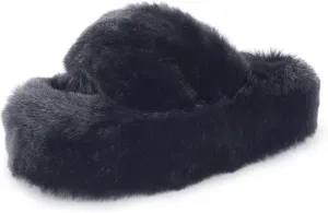 Fuzzy Slippers Women Cross Band Furry House Shoes Open Toe Bride Slippers Fluffy Slides for Girls High Heel Fur Women Sandals for Party Stylish Memory Foam Female Fuzzy Sandals