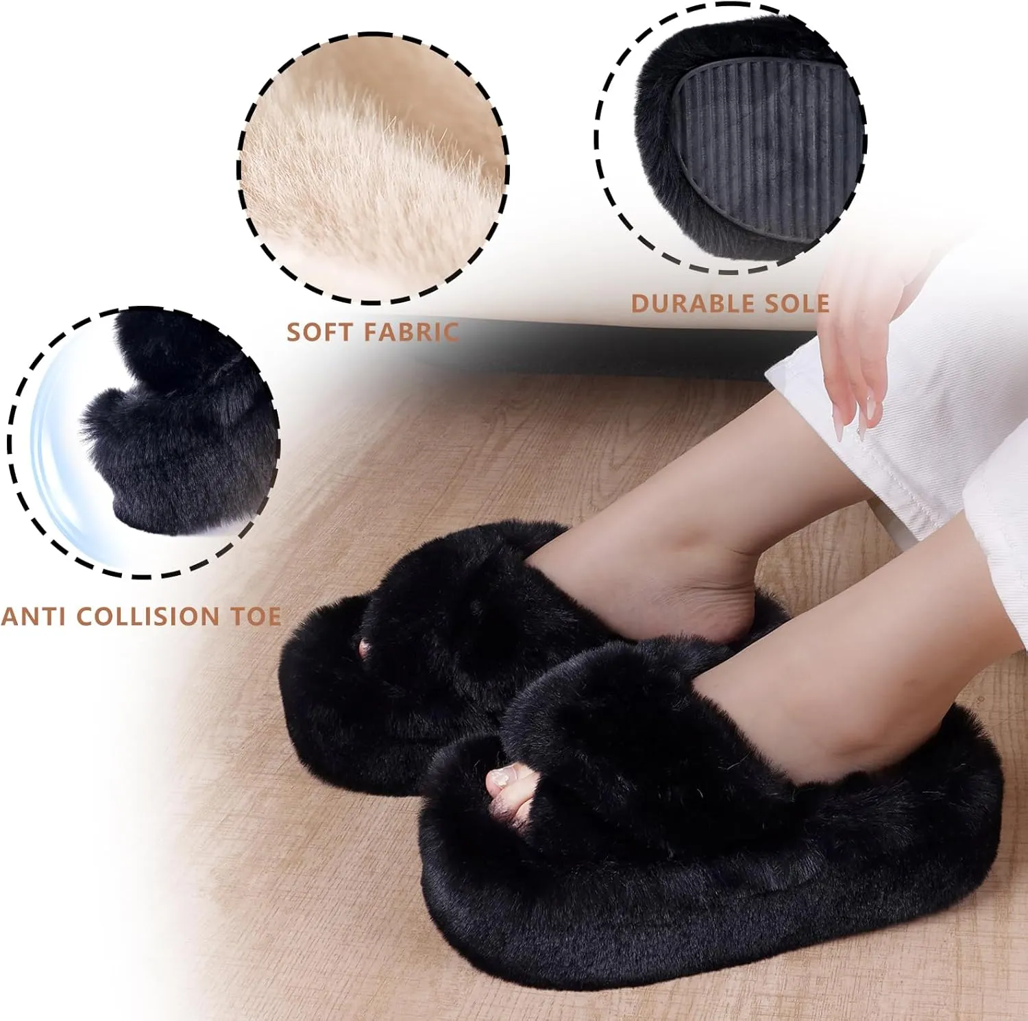 Fuzzy Slippers Women Cross Band Furry House Shoes Open Toe Bride Slippers Fluffy Slides for Girls High Heel Fur Women Sandals for Party Stylish Memory Foam Female Fuzzy Sandals