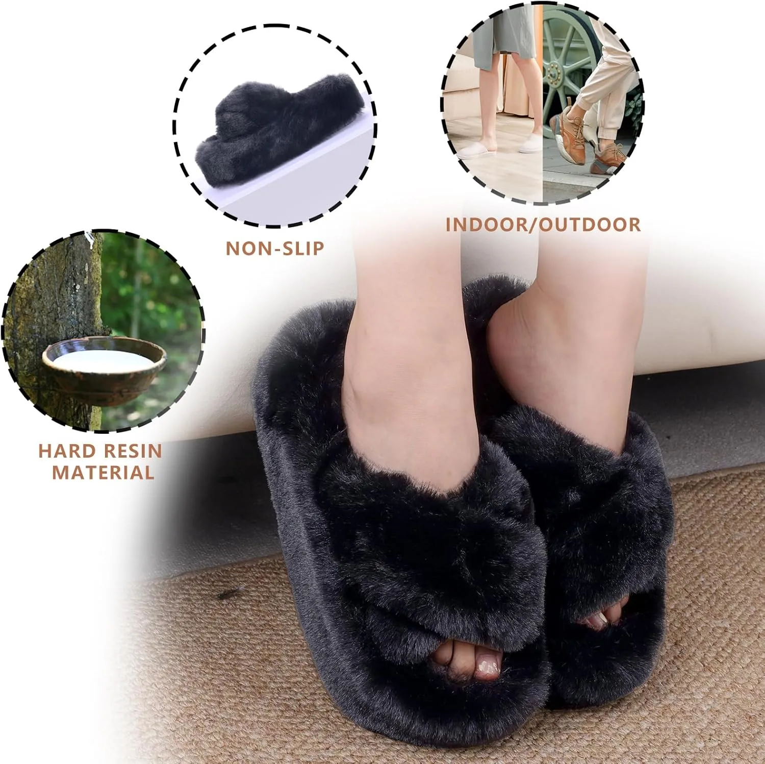 Fuzzy Slippers Women Cross Band Furry House Shoes Open Toe Bride Slippers Fluffy Slides for Girls High Heel Fur Women Sandals for Party Stylish Memory Foam Female Fuzzy Sandals