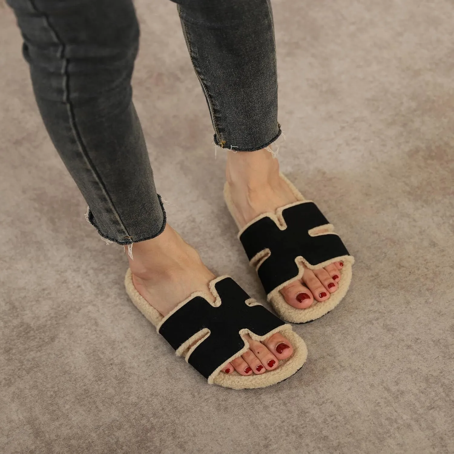 Fuzzy Slippers Women Genuine Suede Slippers for Women Indoor and Outdoor H Slipper Fur Faux Shearling Memory Foam House Slippers Open Toe