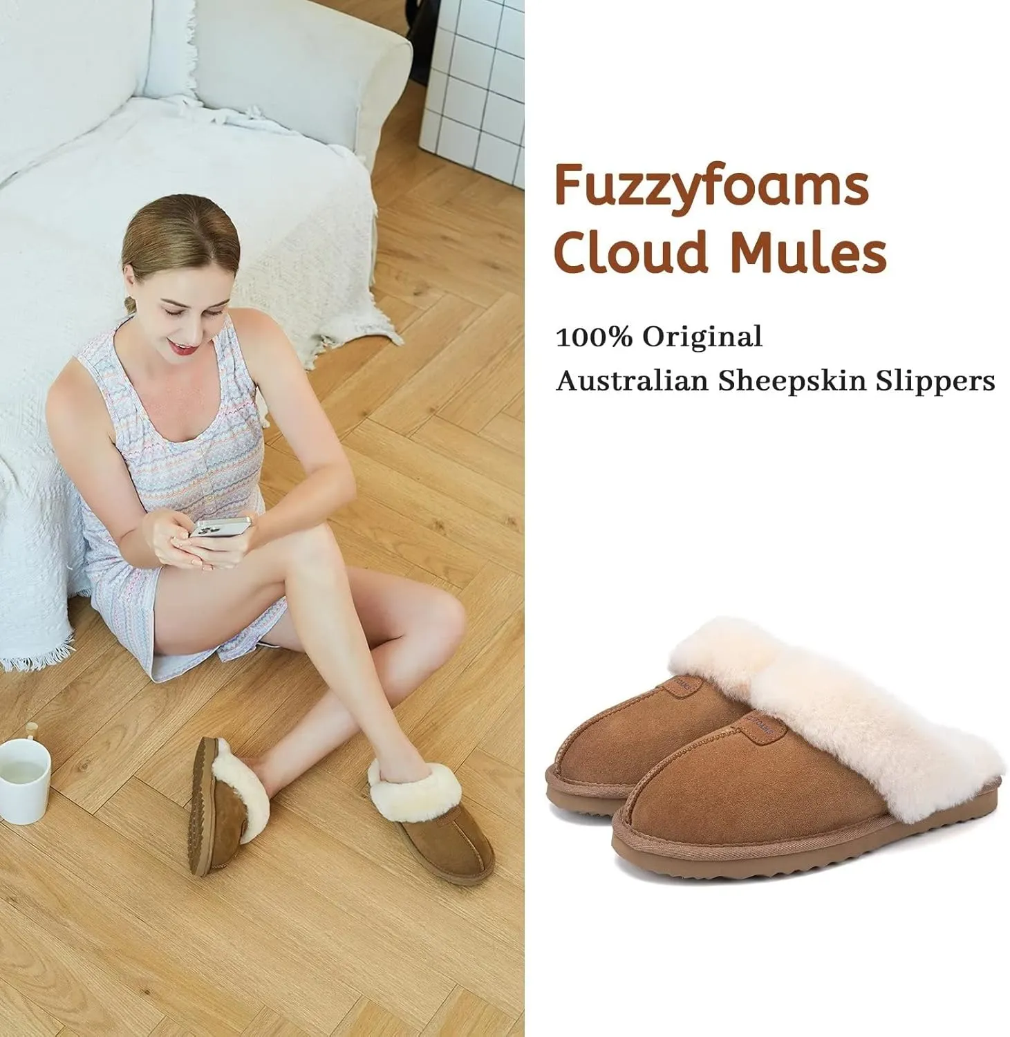 FUZZYFOAMS Genuine Australian Sheepskin Women Slippers Memory Foam Shearling Slipper Water Resistant Warm and Fluffy Indoor Outdoor House Shoes
