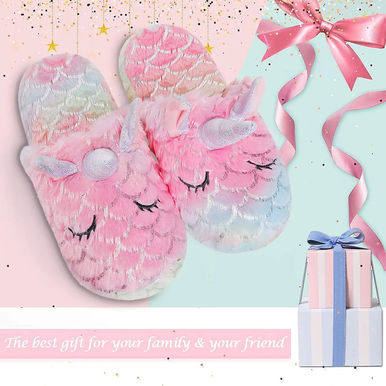 Girls Family Unicorn Slippers Cute Fluffy Anti-Slip Indoor Home Slippers Household Winter Warm Slippers