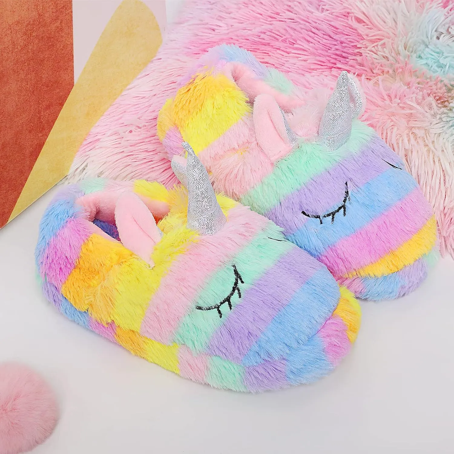 Girls Family Unicorn Slippers Cute Fluffy Anti-Slip Indoor Home Slippers Household Winter Warm Slippers
