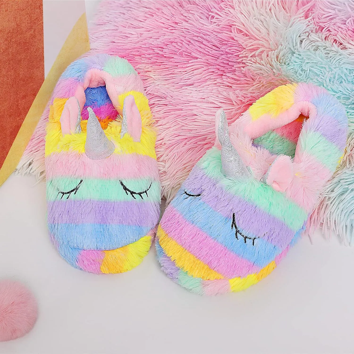 Girls Family Unicorn Slippers Cute Fluffy Anti-Slip Indoor Home Slippers Household Winter Warm Slippers