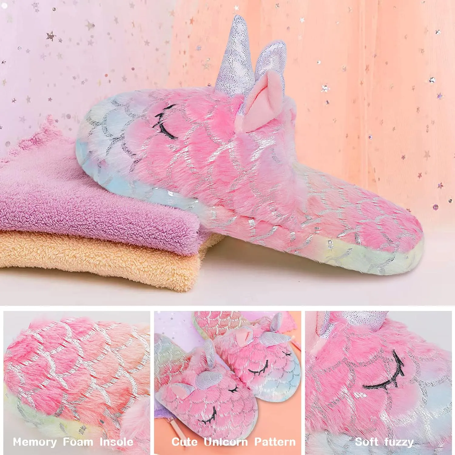 Girls Family Unicorn Slippers Cute Fluffy Anti-Slip Indoor Home Slippers Household Winter Warm Slippers