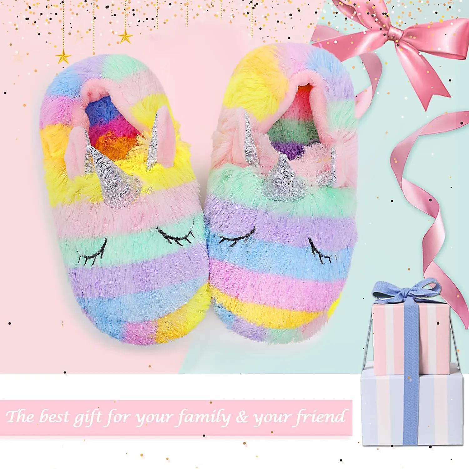 Girls Family Unicorn Slippers Cute Fluffy Anti-Slip Indoor Home Slippers Household Winter Warm Slippers