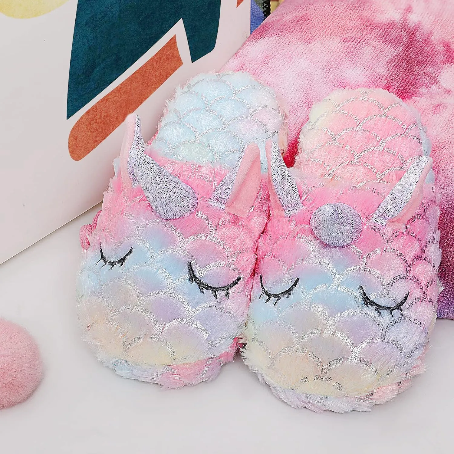 Girls Family Unicorn Slippers Cute Fluffy Anti-Slip Indoor Home Slippers Household Winter Warm Slippers