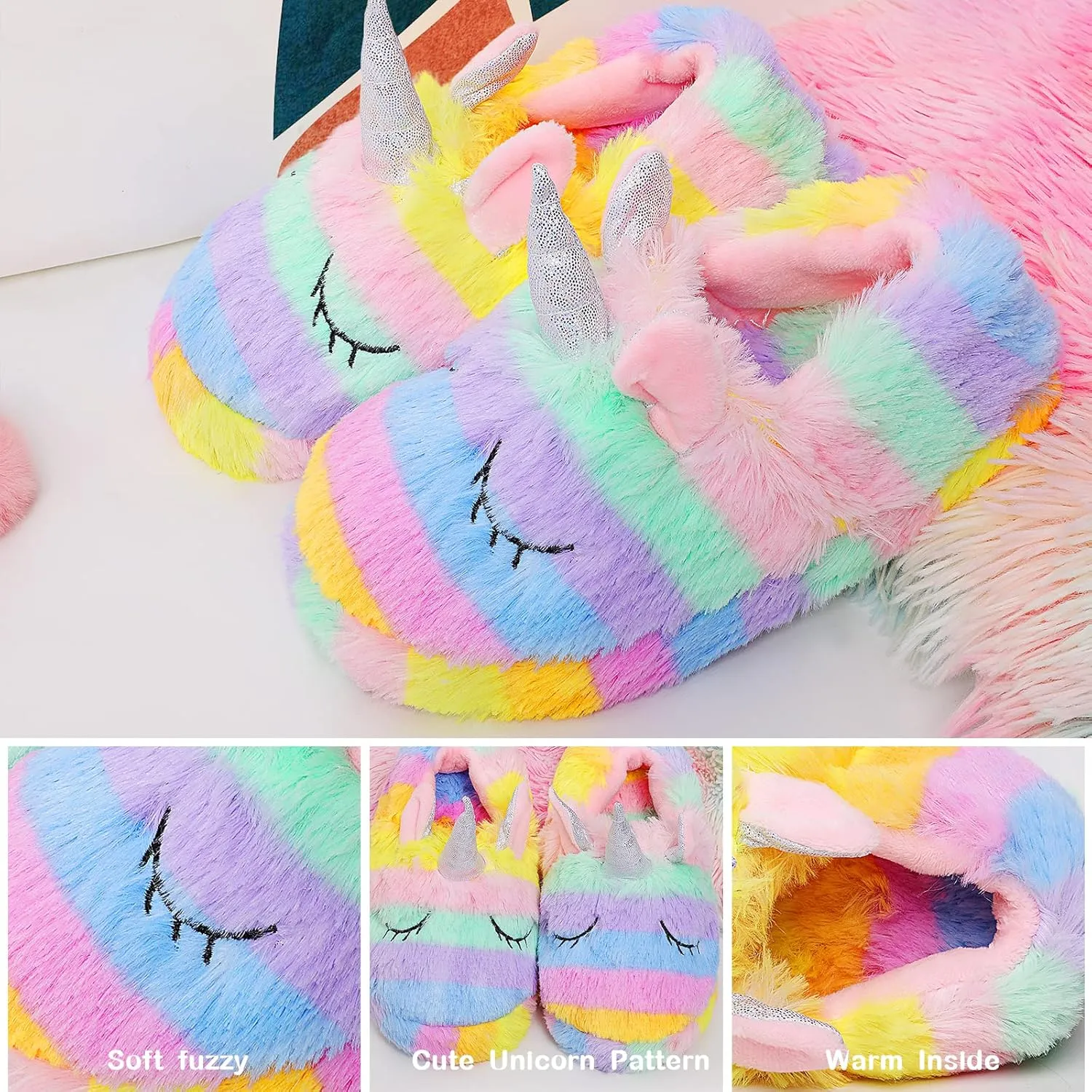 Girls Family Unicorn Slippers Cute Fluffy Anti-Slip Indoor Home Slippers Household Winter Warm Slippers