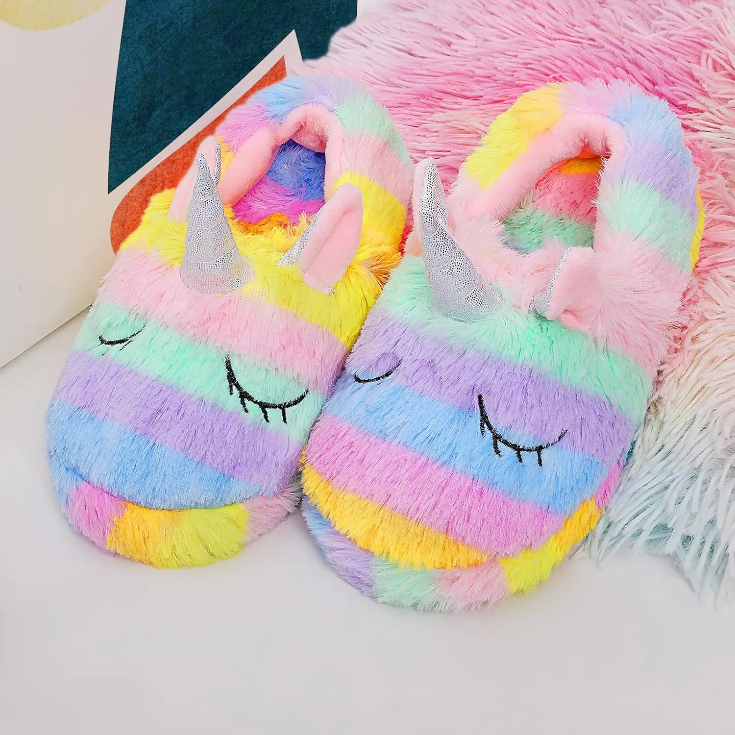 Girls Family Unicorn Slippers Cute Fluffy Anti-Slip Indoor Home Slippers Household Winter Warm Slippers