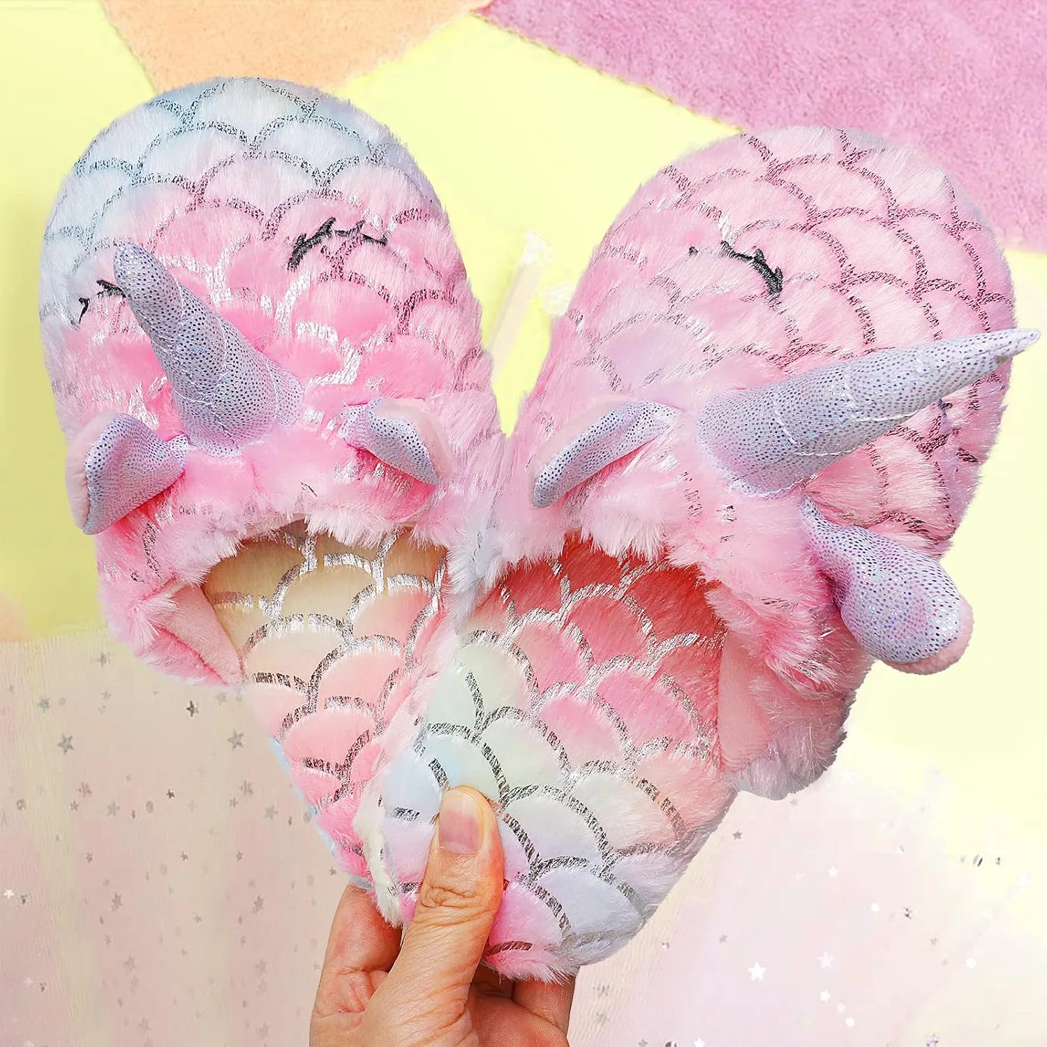 Girls Family Unicorn Slippers Cute Fluffy Anti-Slip Indoor Home Slippers Household Winter Warm Slippers