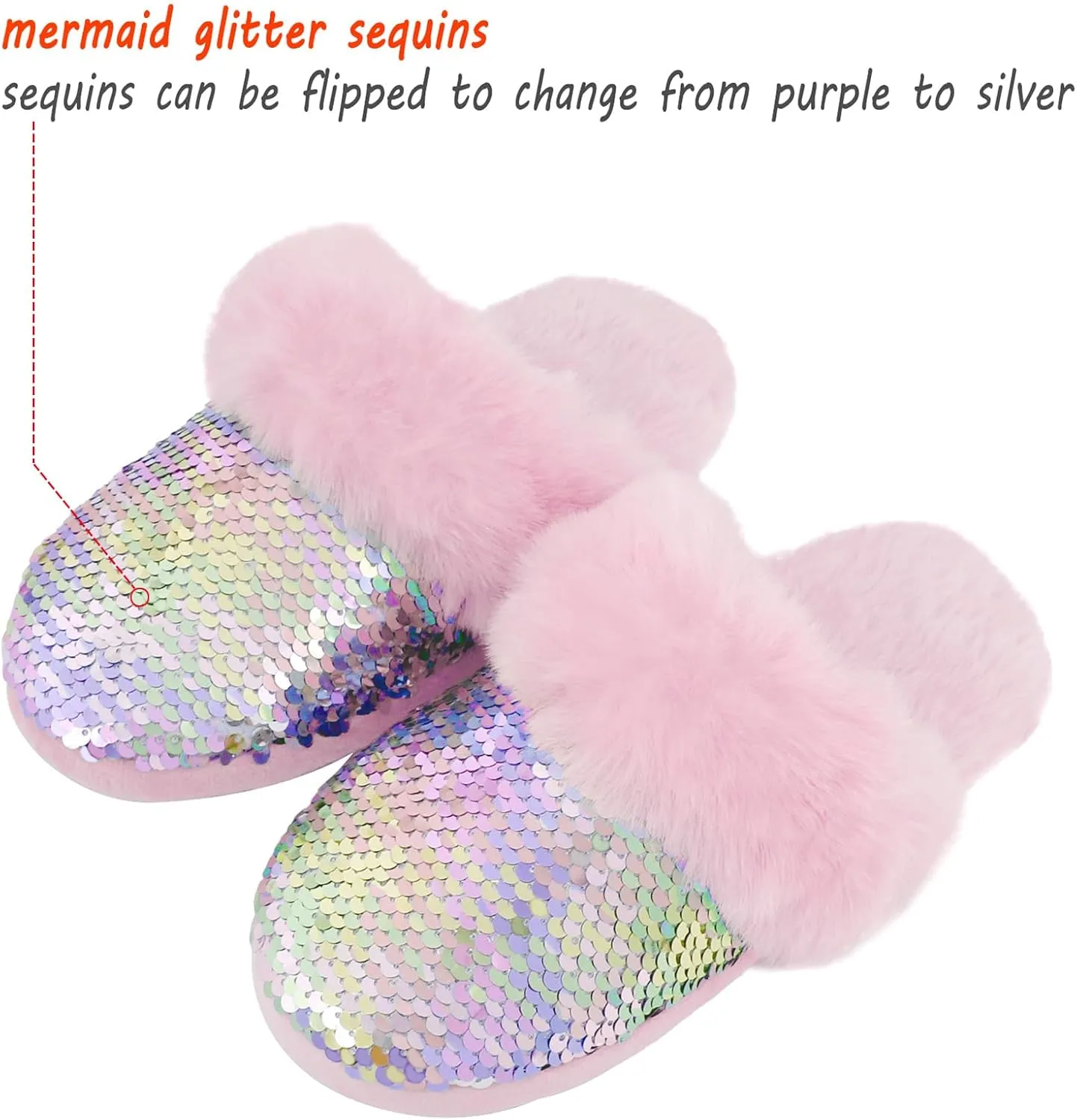 Girls Fluffy Slippers,Sequin Faux Fur Fuzzy Slip-on House Slippers with Memory Foam House Shoes for Girls Bedroom Slippers