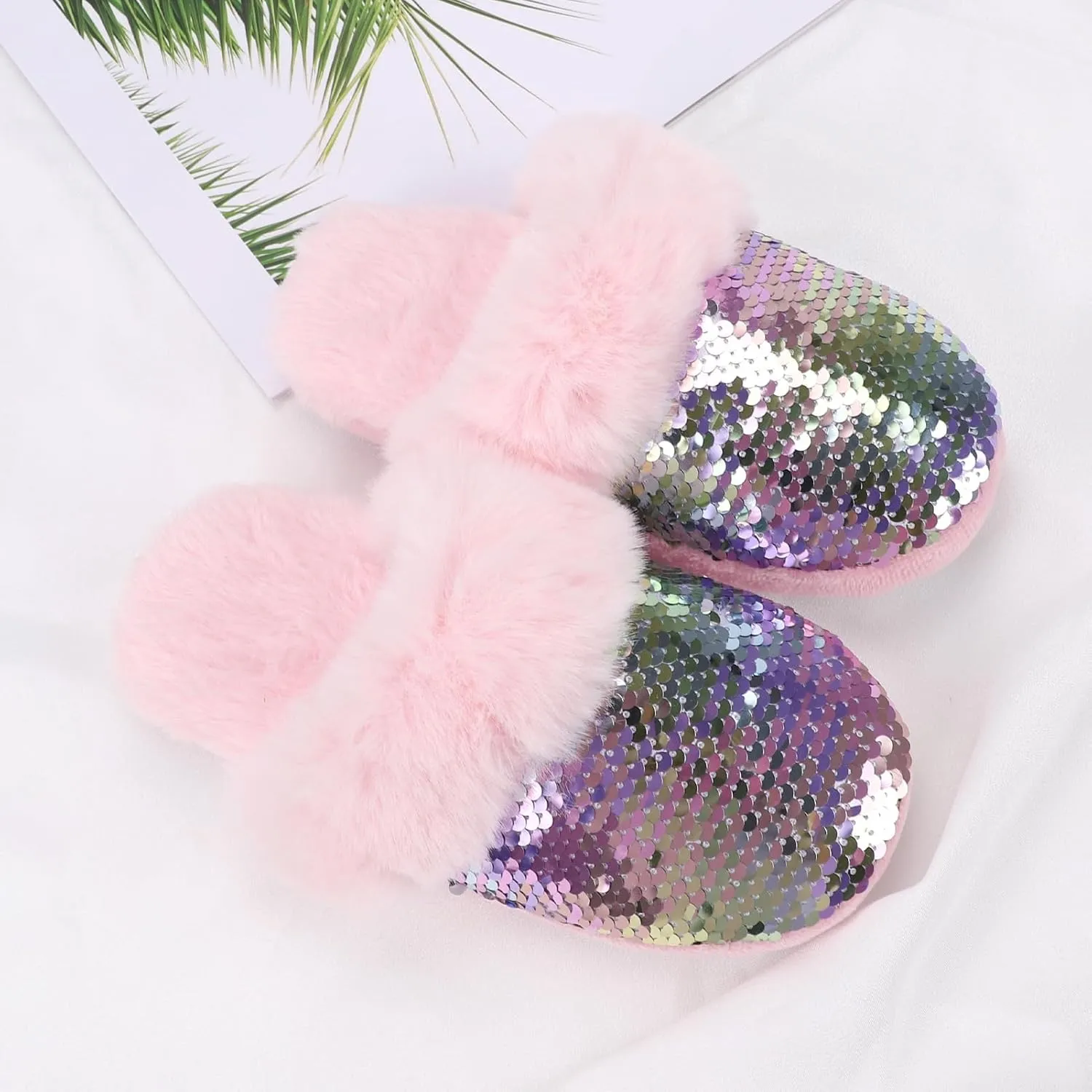 Girls Fluffy Slippers,Sequin Faux Fur Fuzzy Slip-on House Slippers with Memory Foam House Shoes for Girls Bedroom Slippers