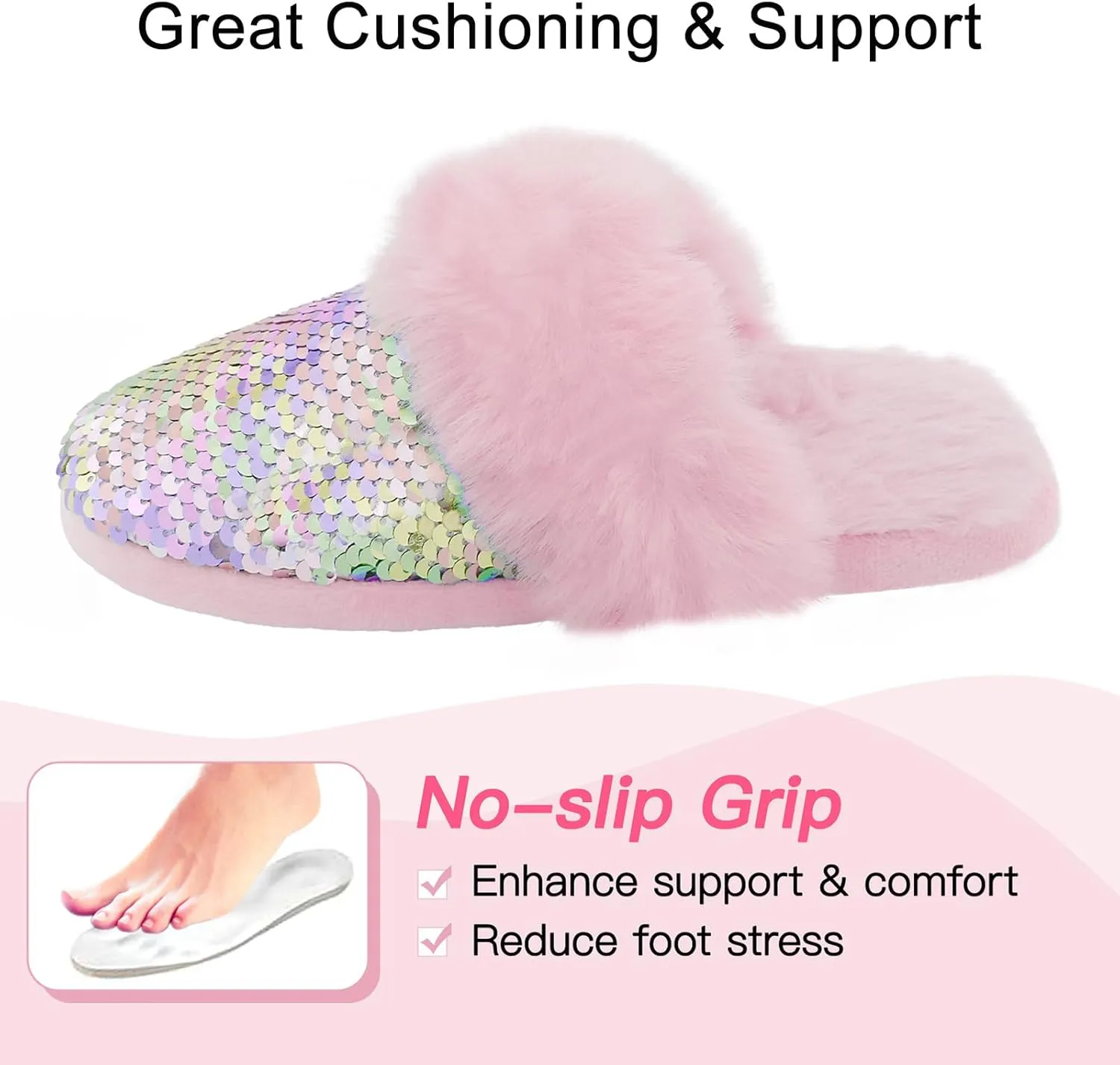 Girls Fluffy Slippers,Sequin Faux Fur Fuzzy Slip-on House Slippers with Memory Foam House Shoes for Girls Bedroom Slippers
