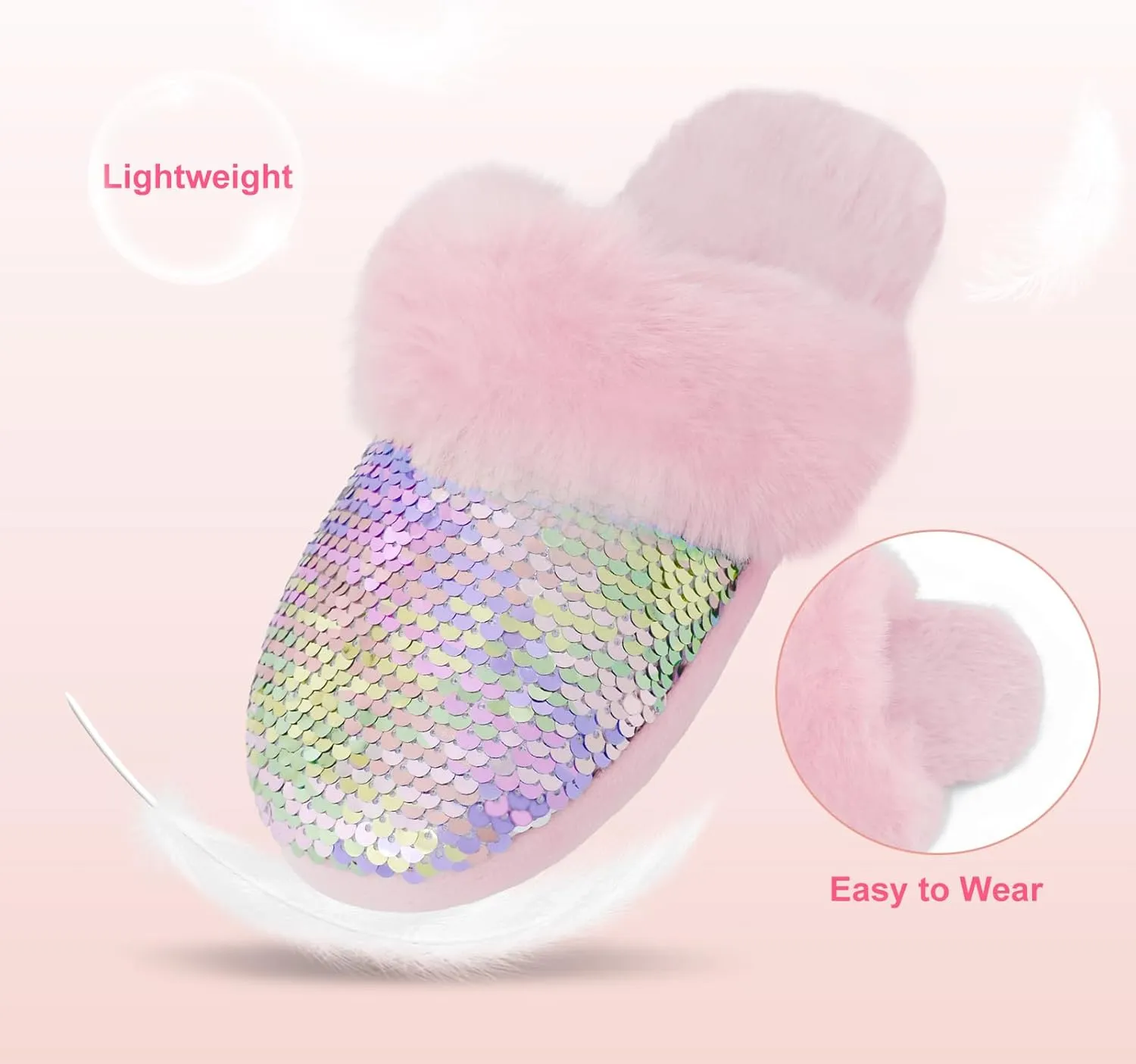 Girls Fluffy Slippers,Sequin Faux Fur Fuzzy Slip-on House Slippers with Memory Foam House Shoes for Girls Bedroom Slippers