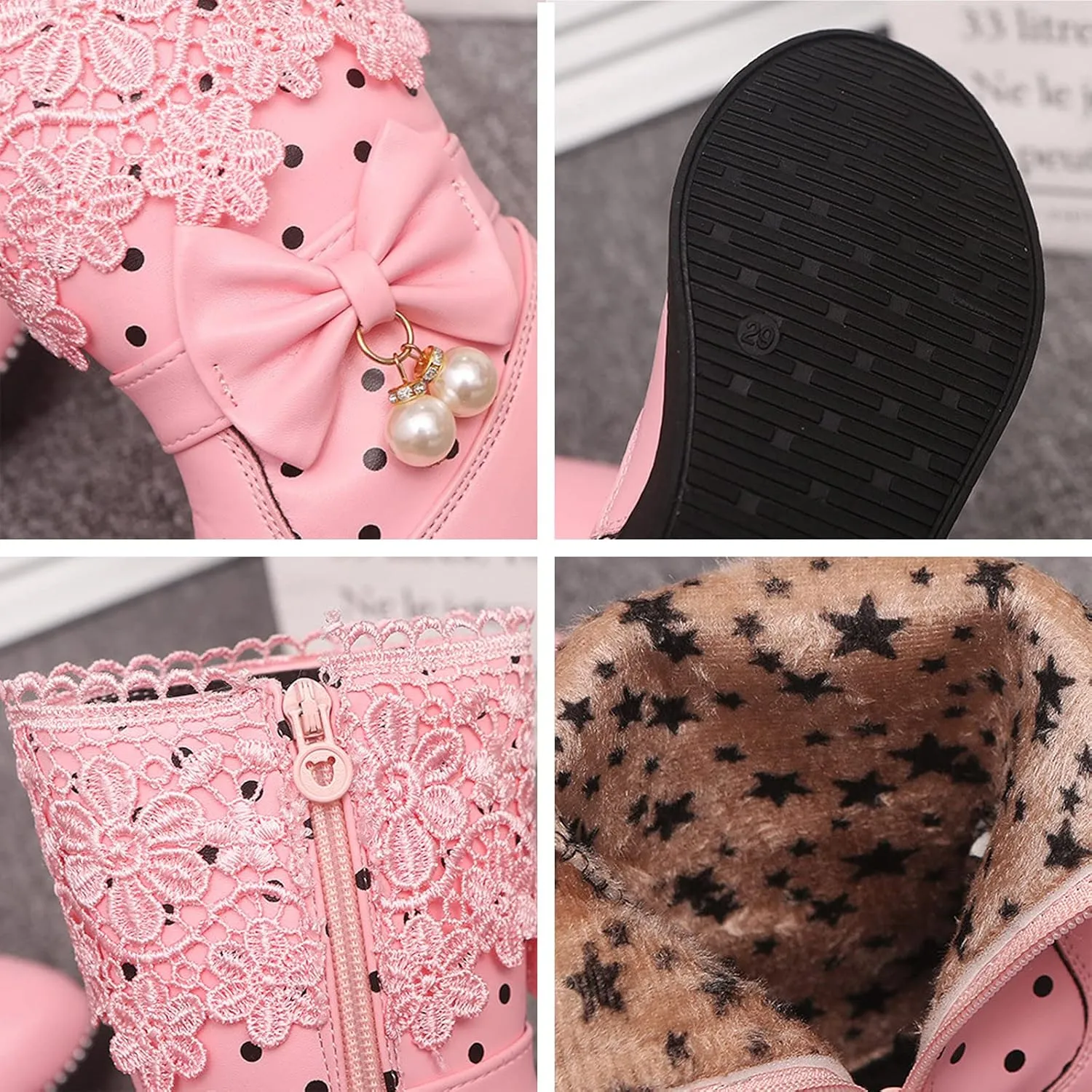 Girl's Mid Calf Boots W𝐚terproof Lace Bowknot Side Zipper F𝐮r Lined Side Zipper Fall Winter Low Heel Chunky Boots
