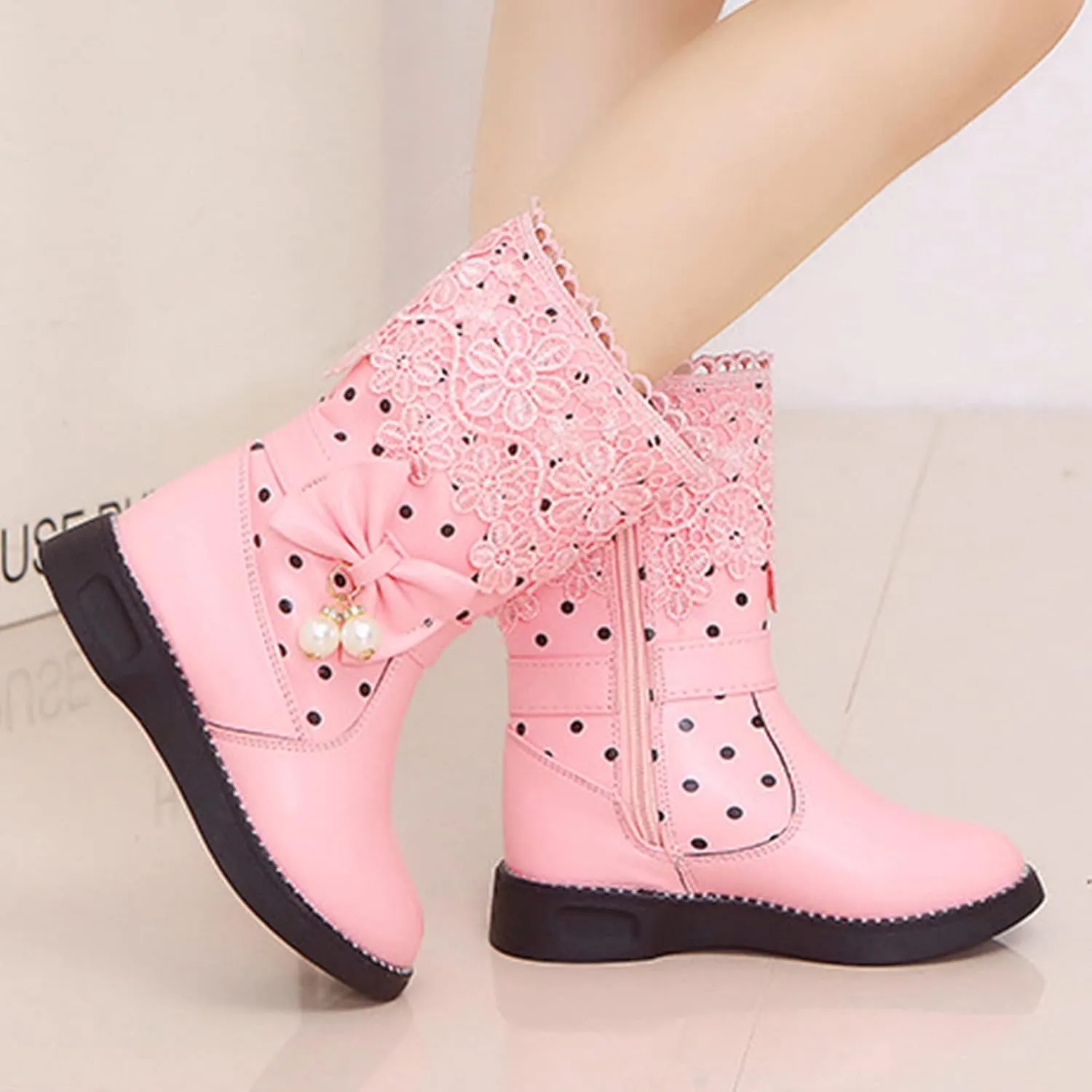Girl's Mid Calf Boots W𝐚terproof Lace Bowknot Side Zipper F𝐮r Lined Side Zipper Fall Winter Low Heel Chunky Boots